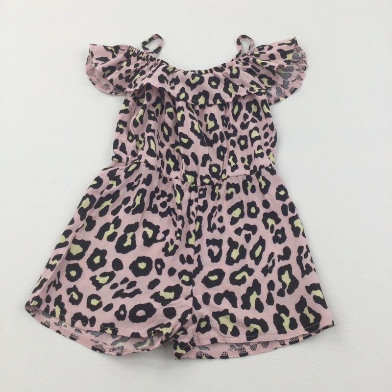 Animal Print Black, Peach & Yellow Lightweight Cotton Playsuit with Frill Detail - Girls 2-3 Years