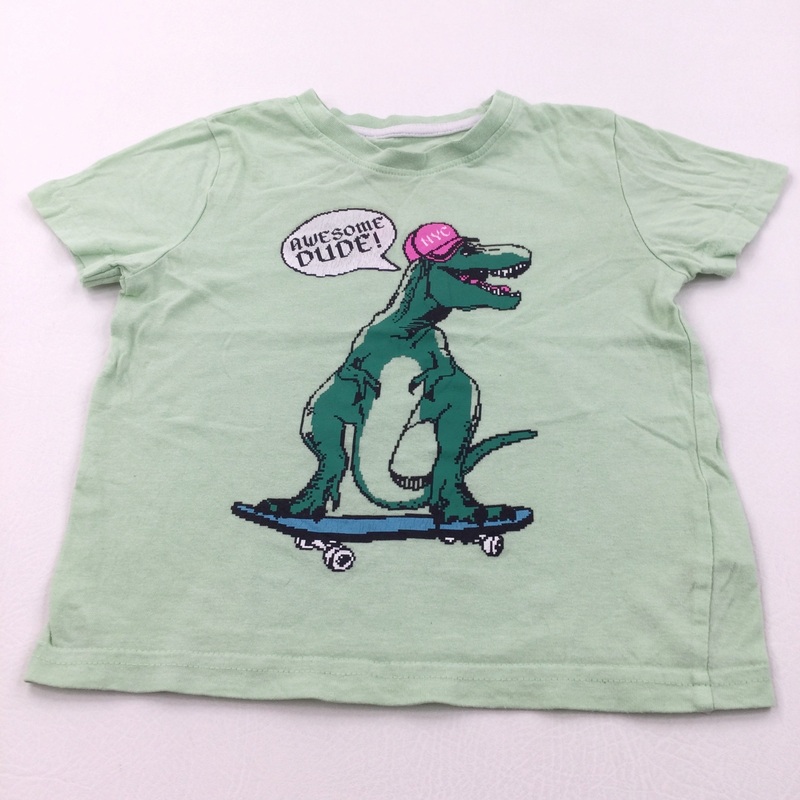 'Awesome Dude' Skateboarding Dinosaur Pale Green T-Shirt - Boys 2-3 Years