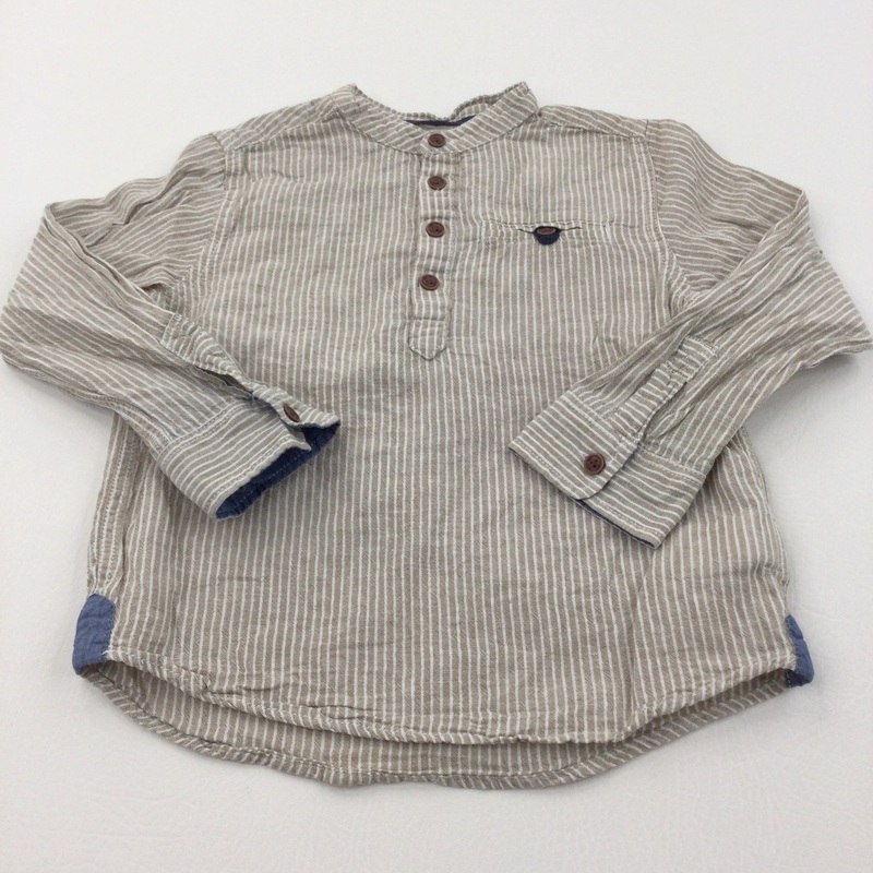 Beige & White Striped Collarless Cotton Shirt - Boys 3-4 Years