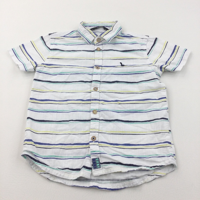 Dinosaur Motif Blue, White, Green & Yellow Striped Cotton Shirt - Boys 4-5 Years