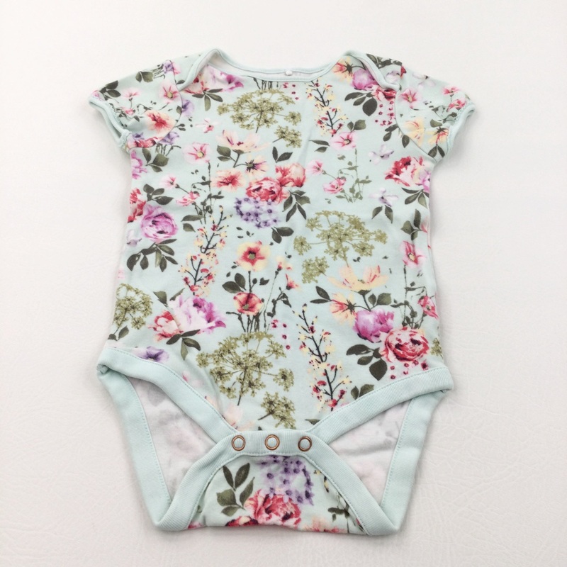 Flowers Pale Green & Pink Short Sleeve Bodysuit - Girls 18-24 Months