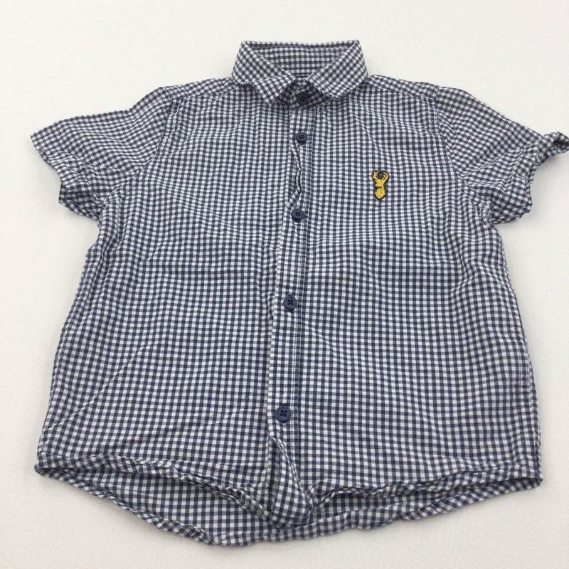 Stag Motif Navy & White Checked Short Sleeve Shirt - Boys 4 Years
