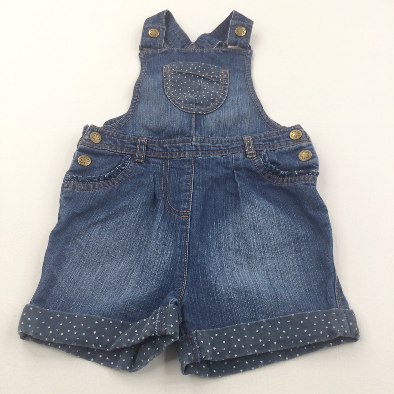 Stars Pocket Mid Blue Denim Short Dungarees - Girls 2-3 Years