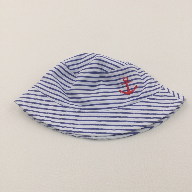 Anchor Embroidered Blue & White Striped Cotton Sun Hat - Boys/Girls 0-6 Months