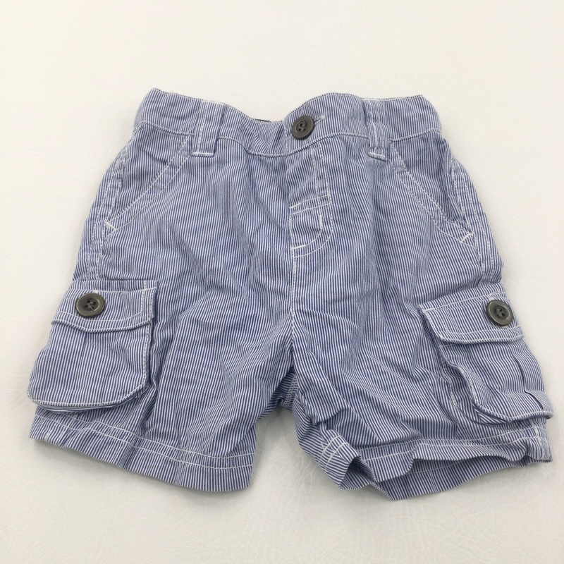 Blue & White Striped Cotton Cargo Shorts with Adjustable Waistband - Boys 6-9 Months