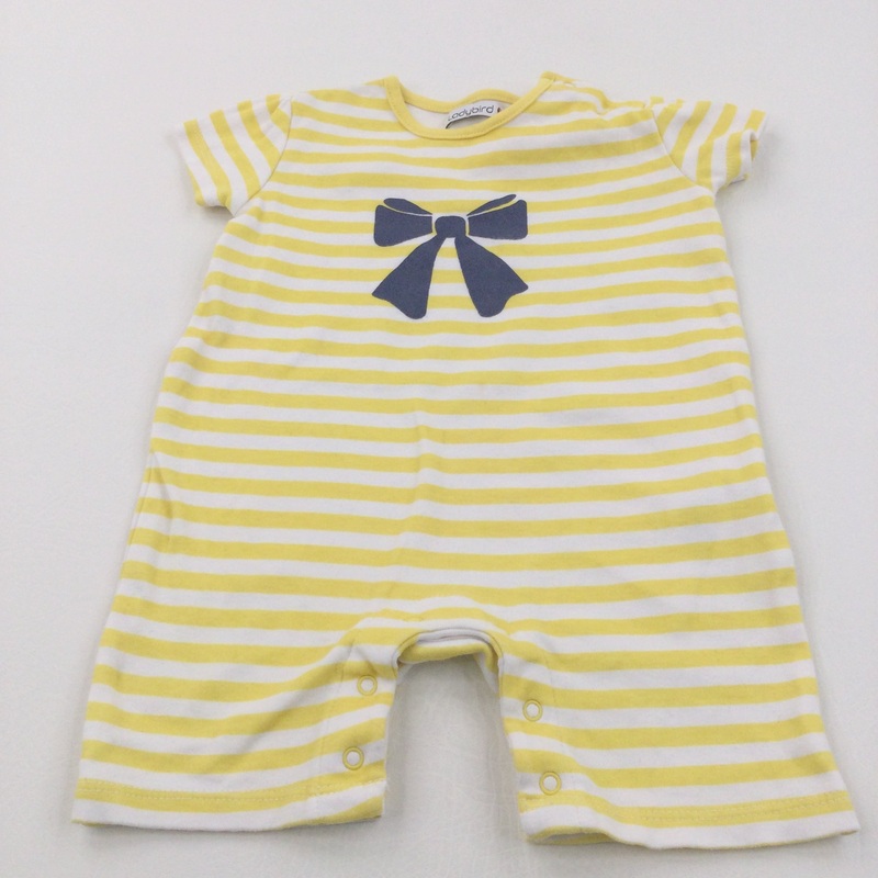 Bow Yellow, White & Navy Striped Jersey Romper - Girls 3-6 Months