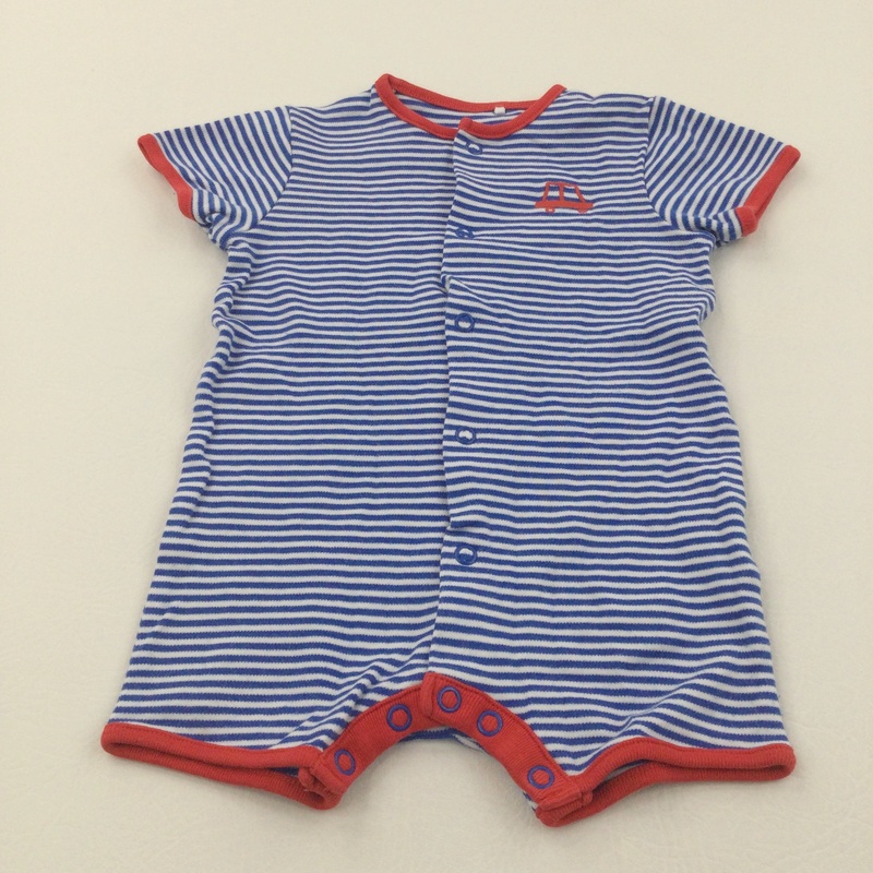 Car Motif Red, Blue & White Striped Short Jersey Romper - Boys 3-6 Months