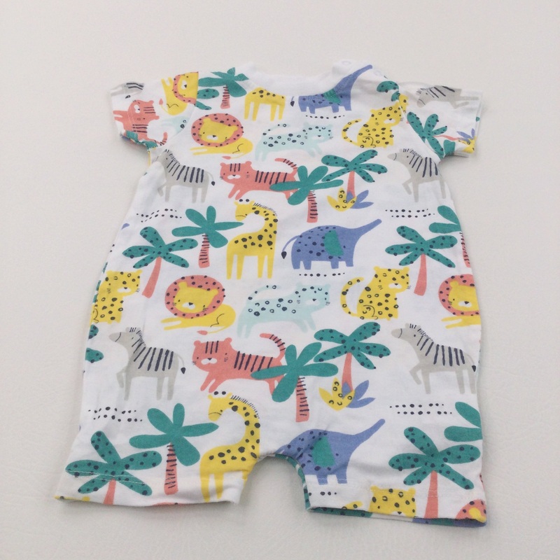 Colourful Wild Animals White Jersey Romper - Boys 0-3 Months