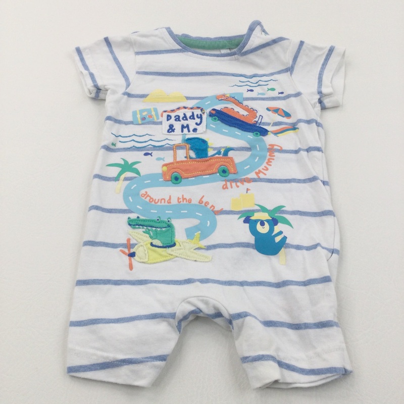 'Daddy & Me Drive Mummy Round The Bend' Appliqued Blue & White Striped Jersey Romper - Boys 6-9 Months