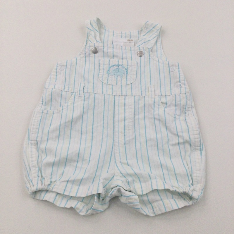 Elephant Embroidered Blue, Yellow & White Striped Cotton Short Dungarees - Boys 0-3 Months