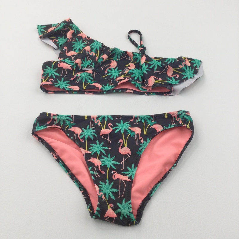 Flamingos & Palm Trees Pink, Green & Black Two Piece Swimming Costume/Bikini - Girls 8-10 Years