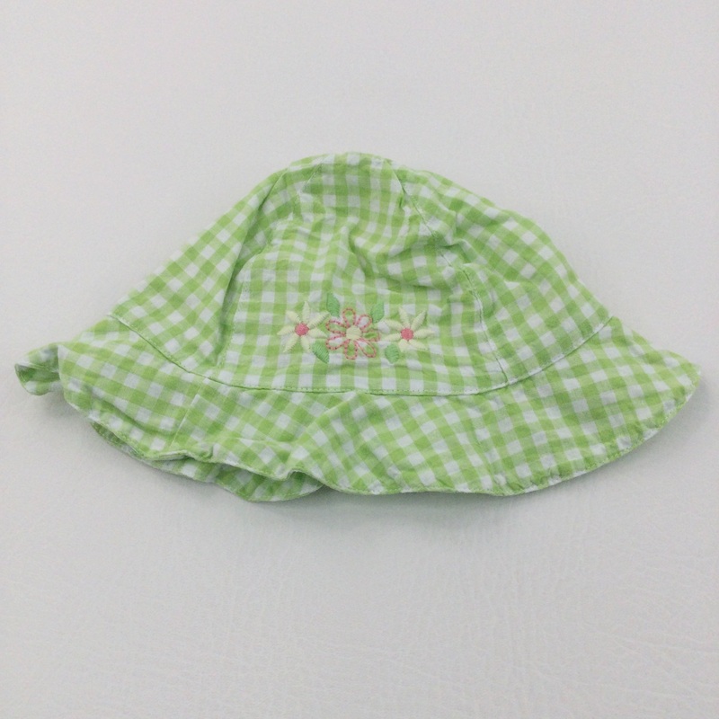 Flowers Embroidered Green & White Checked Cotton Sun Hat - Girls 0-3 Months