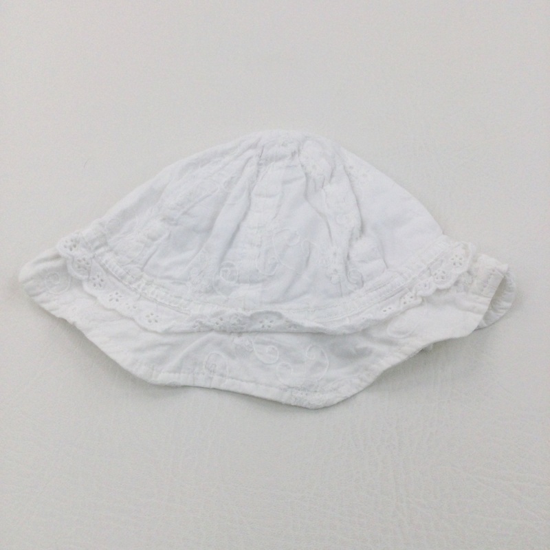 Flowers Embroidered White Cotton Sun Hat - Girls 0-3 Months