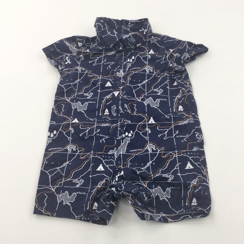 Mountains Map Navy, White & Yellow Cotton Shirt Style Romper - Boys 6-12 Months
