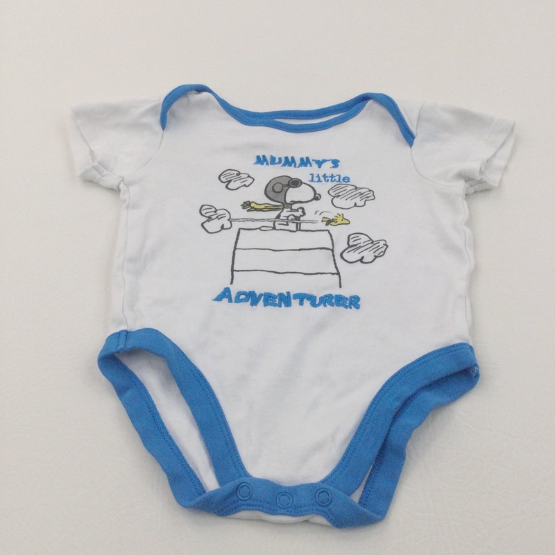 'Mummy's Little Adventurer' Snoopy & Woodstock Blue & White Short Sleeve Bodysuit - Boys 3-6 Months