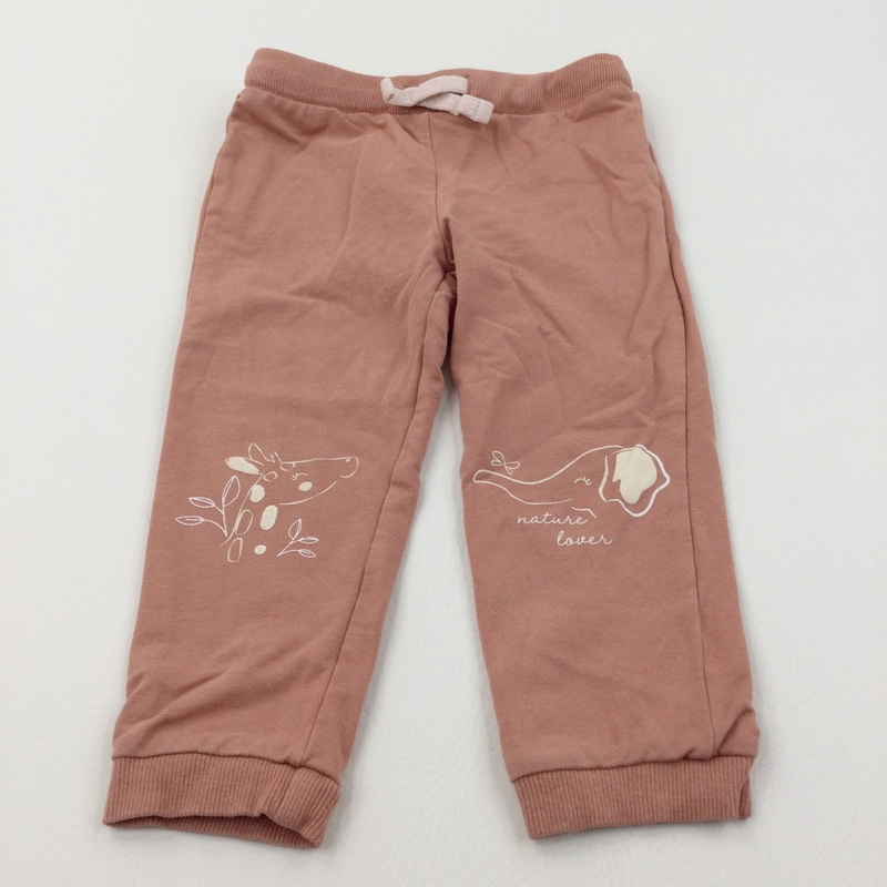 'Nature Lover' Giraffe & Elephant Coral Pink Lightweight Tracksuit Bottoms - Girls 2-3 Years