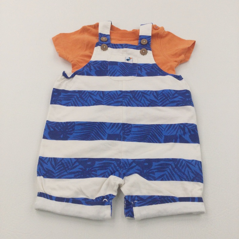 Pelican Badge Blue & White Striped Jersey Dungarees & Orange T-Shirt Set - Boys 3-6 Months