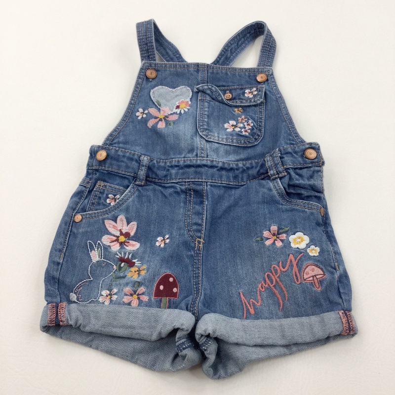 Rabbits & Flowers Embroidered Mid Blue Denim Short Dungarees - Girls 2-3 Years