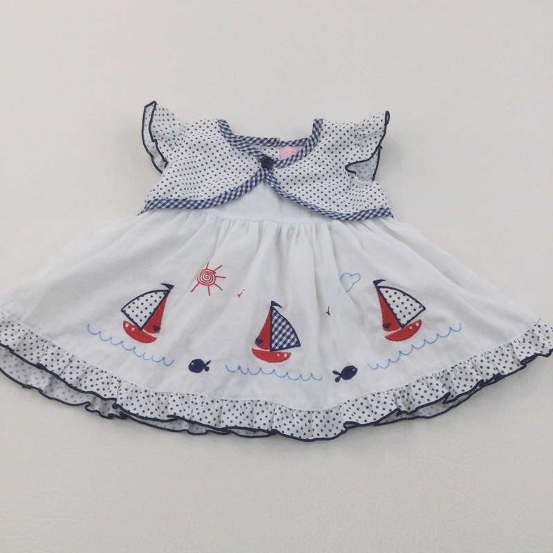 Sailing Boats Embroidered Navy & White Cotton Dress - Girls 0-3 Months