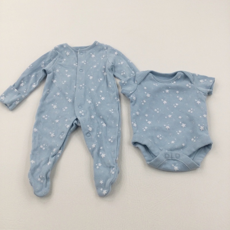 Stars Blue & White Babygrow & Short Sleeve Bodysuit Set - Boys Newborn