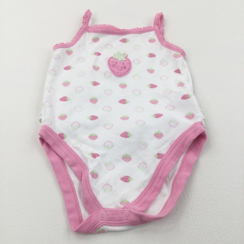 Strawberries Pink & White Sleeveless Bodysuit - Girls 6-9 Months