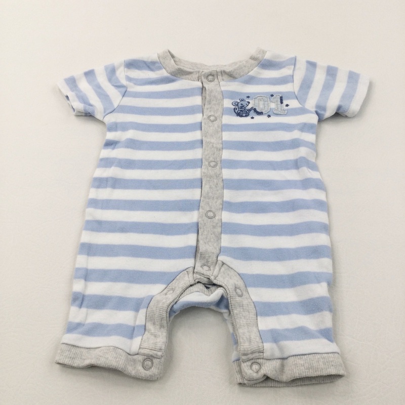 '01' Mouse Appliqued Blue & White Striped Jersey Romper - Boys 0-3 Months
