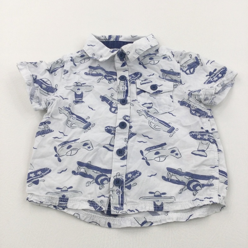 Aeroplanes Blue & White Cotton Shirt - Boys 6-9 Months