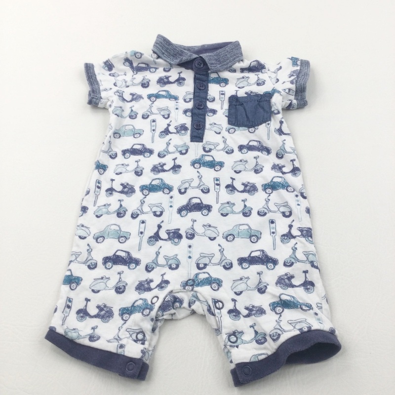 Cars & Mopeds Navy & White Polo Shirt Style Romper - Boys 6-9 Months