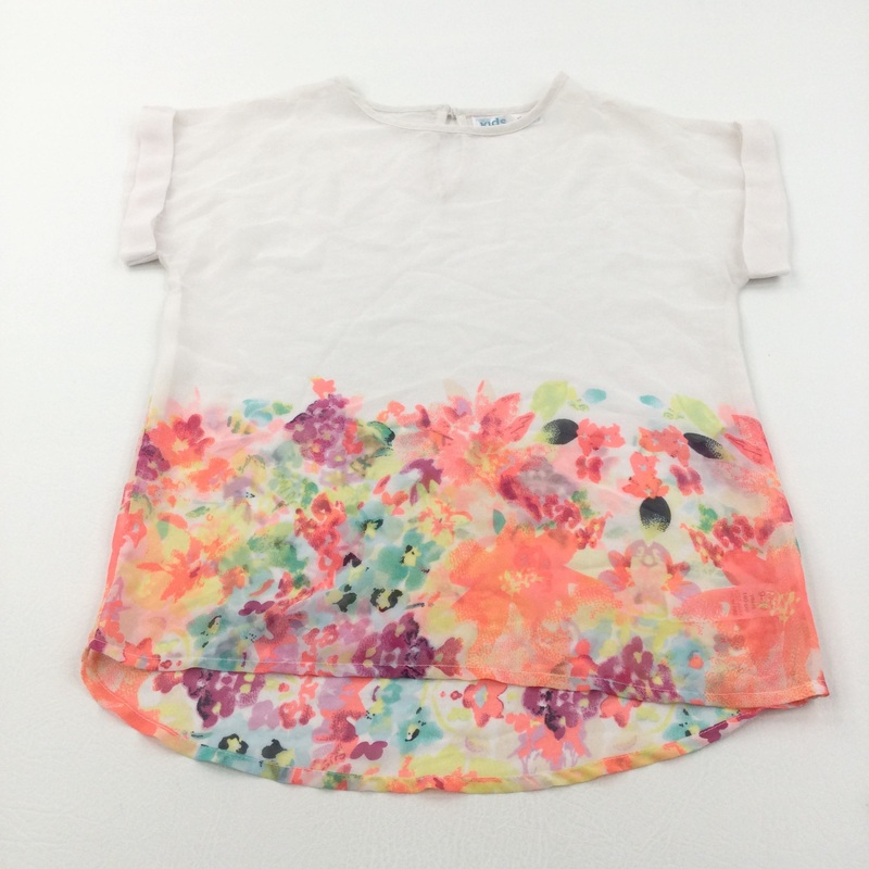 Colourful Flowers Sheer Cream & Orange Blouse/Top - Girls 9-10 Years
