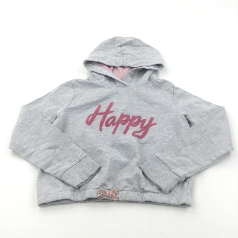 'Happy' Grey Cropped Hoodie Sweatshirt - Girls 9-10 Years