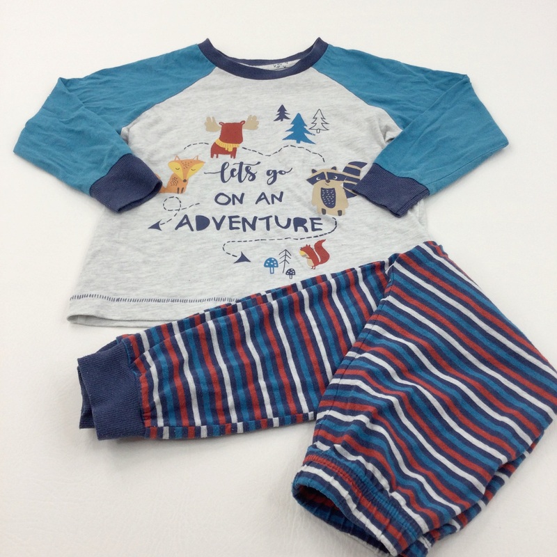 'Let's Go On An Adventure' Blue, Navy, Red & Grey Pyjamas - Boys 4-5 Years