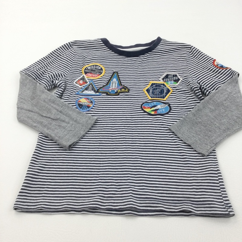 Space Rockets Navy & White Striped Long Sleeve Top - Boys 5-6 Years
