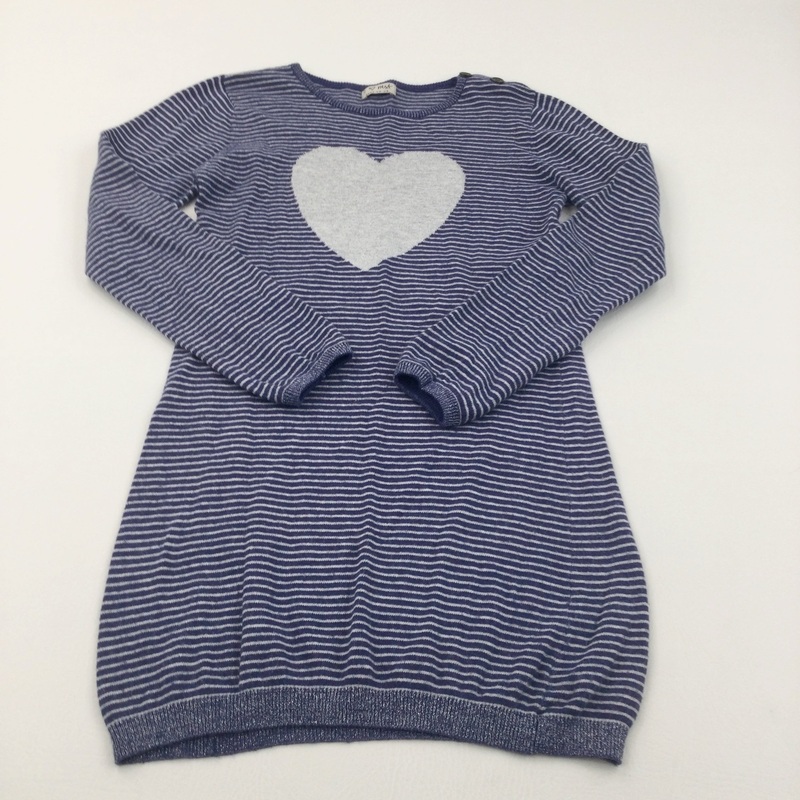 Sparkly Heart Grey & Navy Striped Knitted Long Jumper/Dress - Girls 11-12 Years