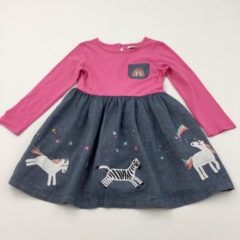 Unicorns, Zebras & Rainbows Appliqued Pink & Blue Cotton & Jersey Dress - Girls 3-4 Years