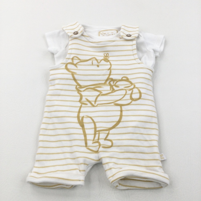 Winnie The Pooh Cream & White Striped Short Jersey Dungarees & White Short Sleeve Bodysuit Set - Boys 0-3 Months