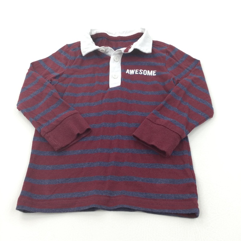 'Awesome' Burgundy & Blue Rugby Style Long Sleeve Top - Boys 2-3 Years