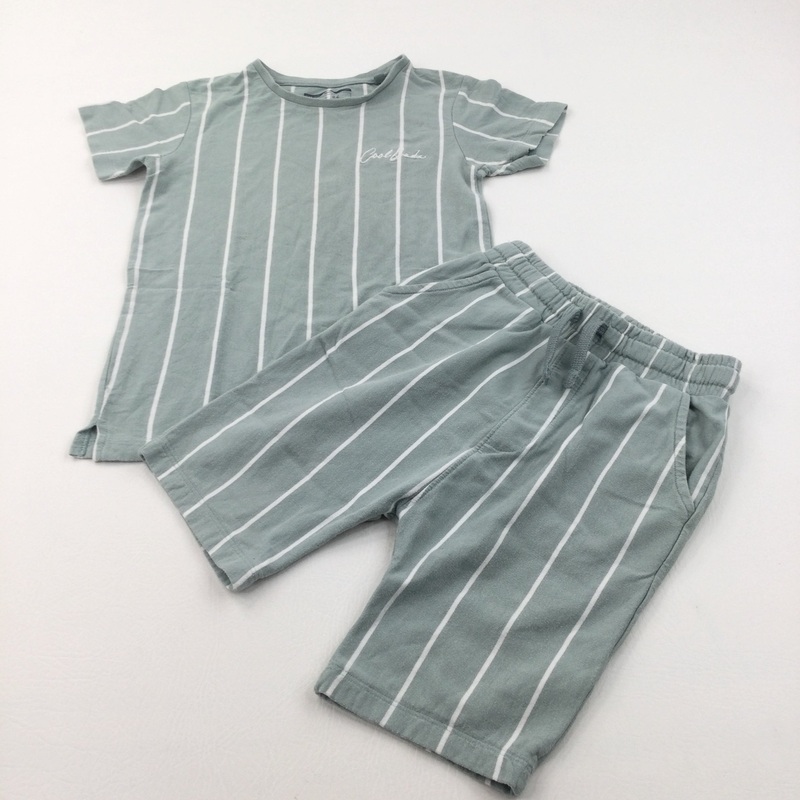 'Cool Dude' Sage Green & White Striped T-Shirt & Jersey Shorts Set - Boys 6-7 Years