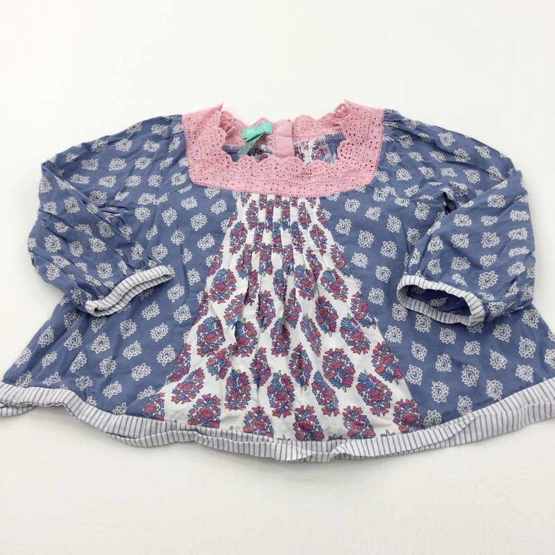 Flowers Pink, White & Blue Cotton Tunic Blouse - Girls 18-24 Months