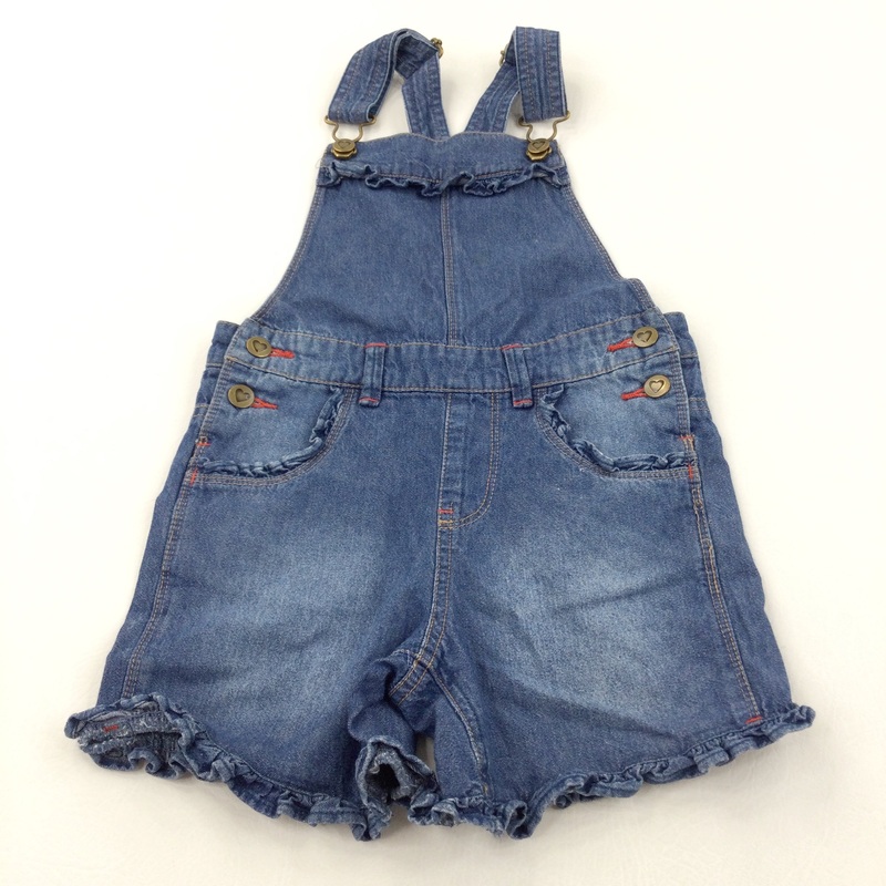 Frill Detail Mid Blue Lightweight Denim Short Dungarees - Girls 3-4 Years