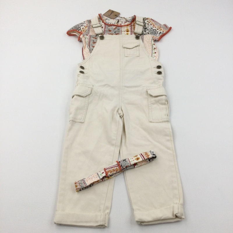 **NEW** Cream Cotton Twill Dungarees, Flowers Patterned T-Shirt & Matching Headband - Girls 3-4 Years