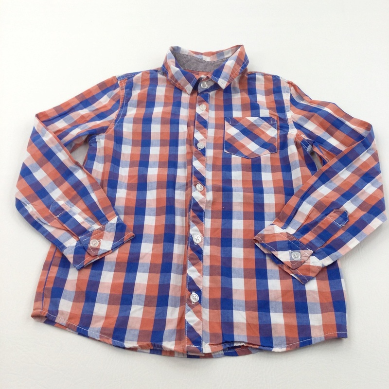 Orange, Blue & White Checked Cotton Shirt - Boys 7-8 Years