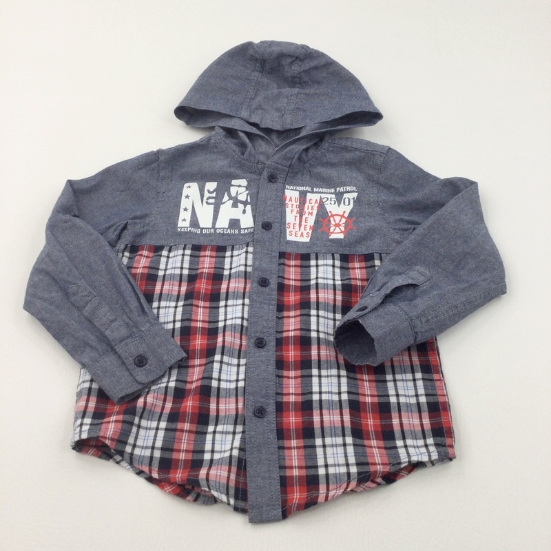 Red, White & Navy Checked Cotton Hoodie Shirt - Boys 5-6 Years