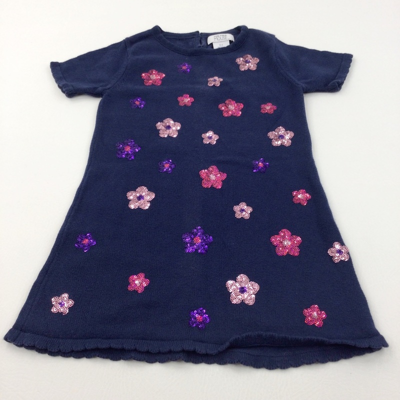 Sequins Flowers Navy Knitted Dress - Girls 4-5 Years