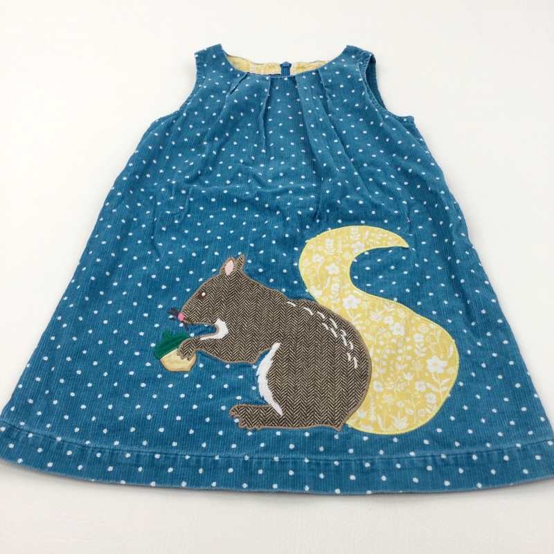 Squirrel Appliqued Blue & White Corduroy Pinafore Dress - Girls 5-6 Years