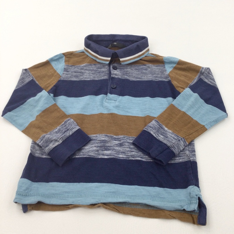 Tan, Blue & Navy Striped Long Sleeve Top with Collar - Boys 3-4 Years