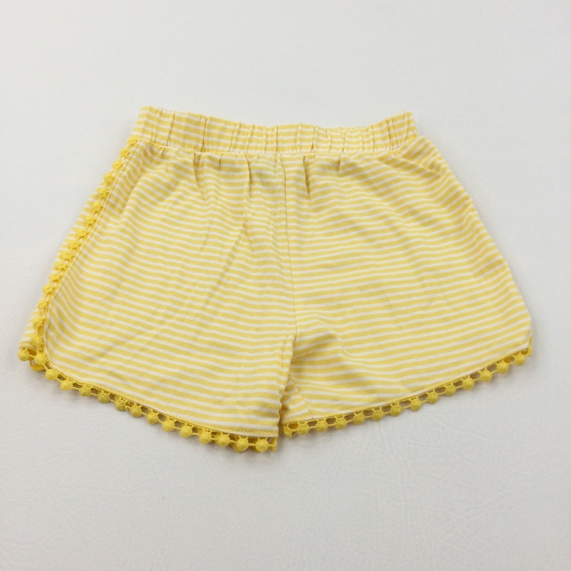 Yellow & White Striped Lightweight Jersey Shorts with Pom Pom Hems - Girls 6-7 Years