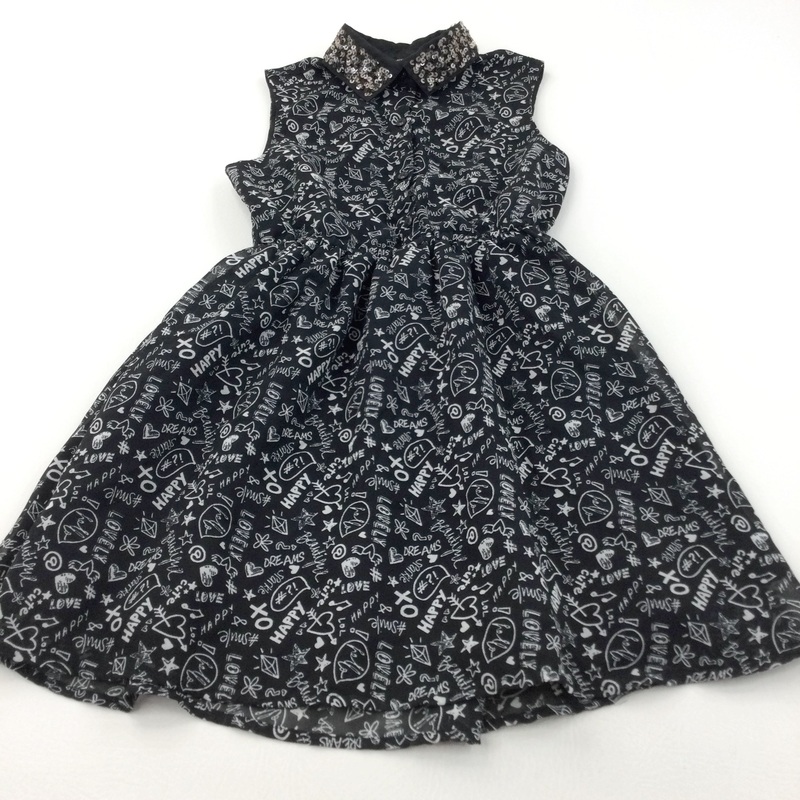 'Happy, Lovely, Dreams' Sequins Collar Black & White Party/Sun Dress - Girls 8-9 Years