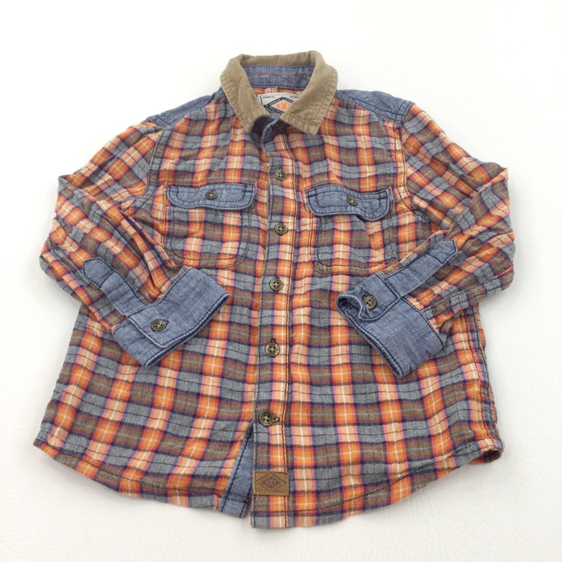 Orange & Blue Checked Cotton Shirt with Corduroy Collar - Boys 18-24 Months