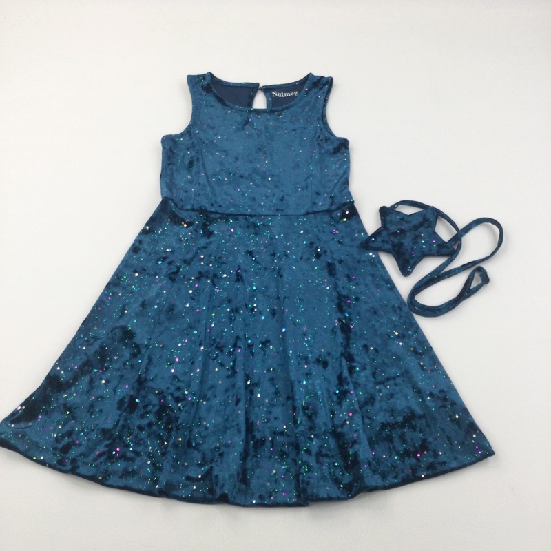 Sparkly Teal Velour Dress with Matching Star Purse - Girls 8-9 Years