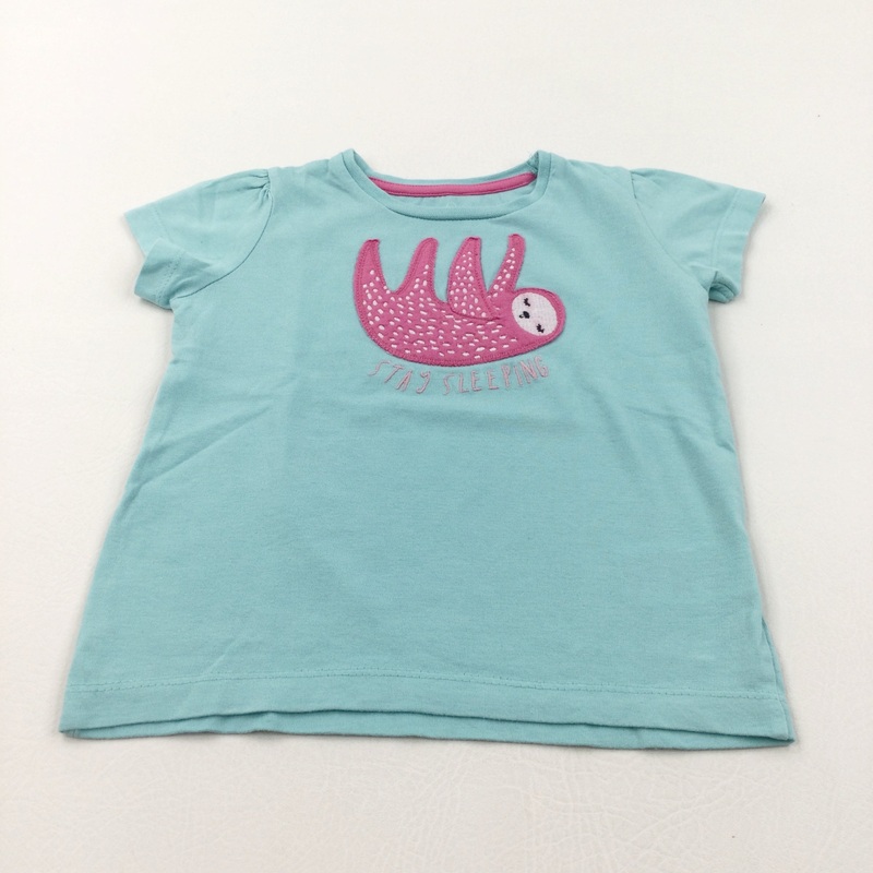 'Stay Sleeping' Sloth Appliqued Pink & Pale Green Pyjama Top/T-Shirt - Girls 18-24 Months